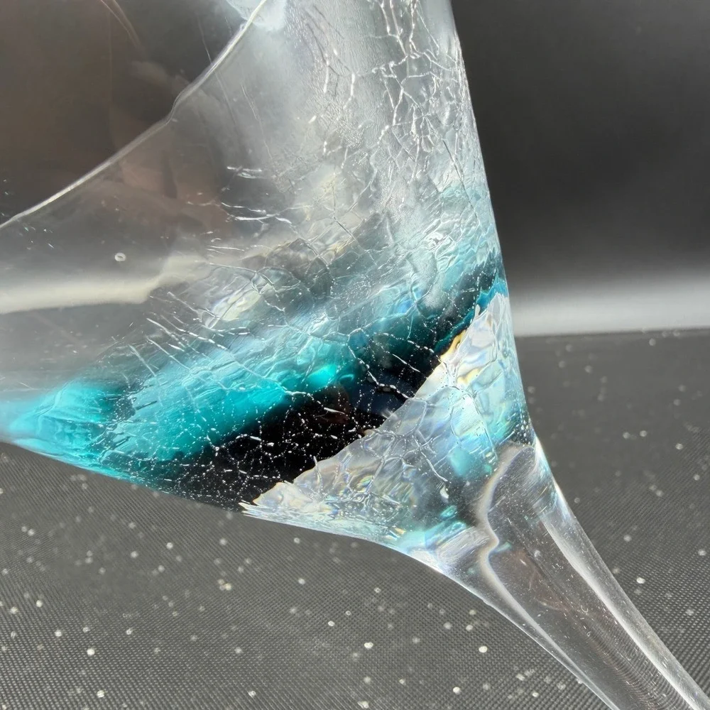 Pier 1 Teal Blue Crackle Glass Martini Glass 7 Inch Barware‎ Single Cup Stem VTG